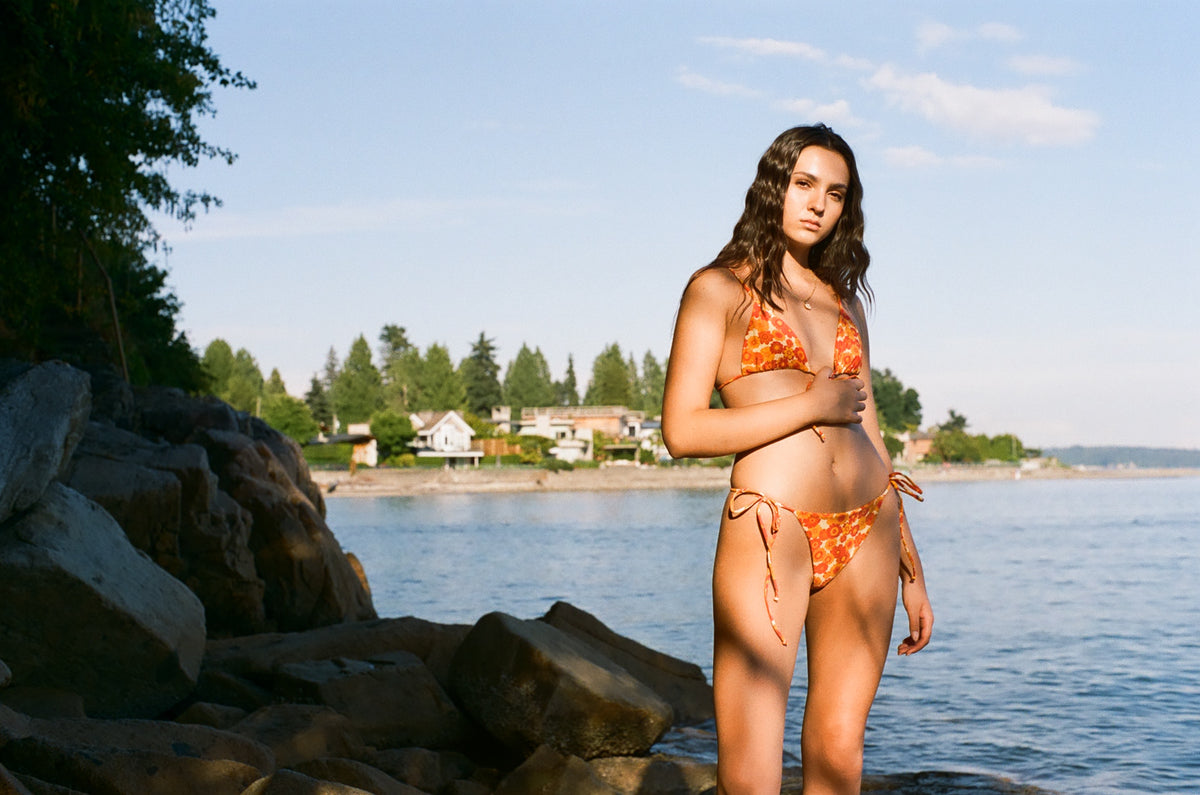 Sharon's Sunny Floral Front-Tie Triangle Bikini Top